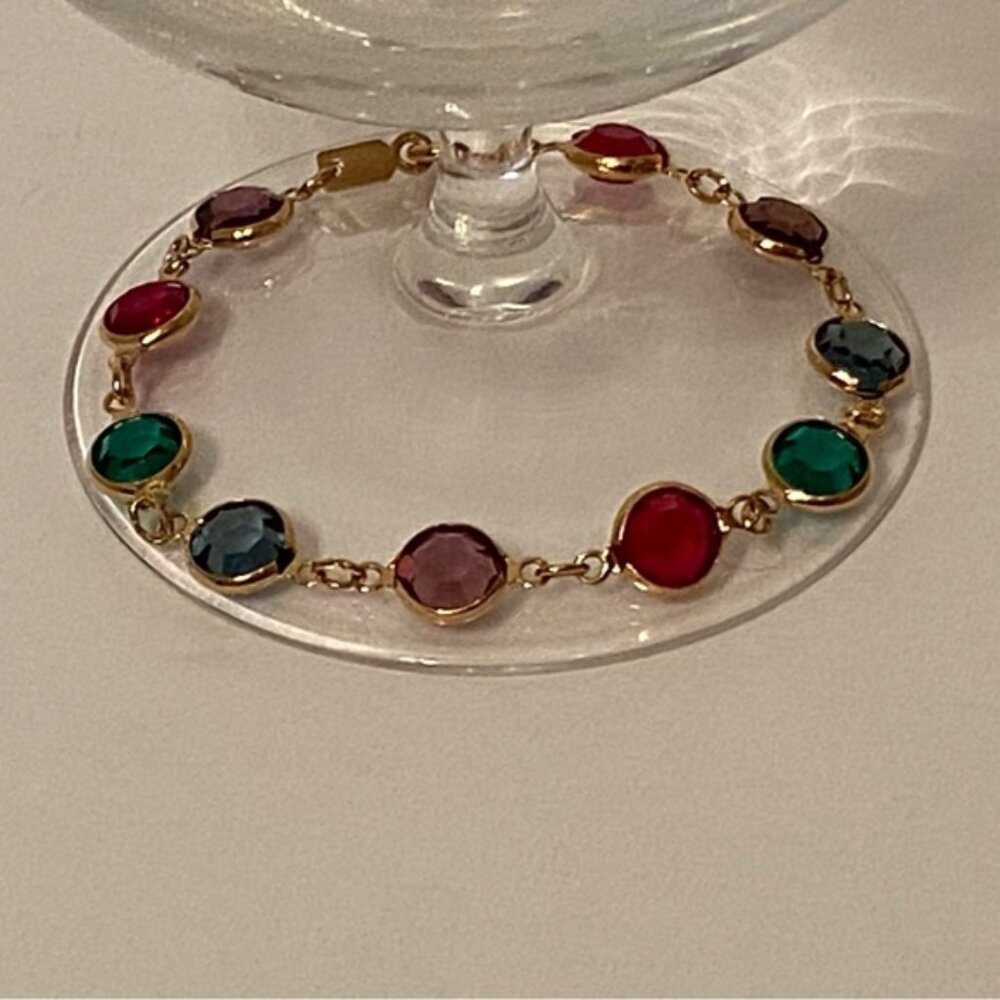 SWAROVSKI BRACELET GOLD PLATE BEZEL SET LINKS CRYSTAL RED GREEN BLUE SWAN MARK